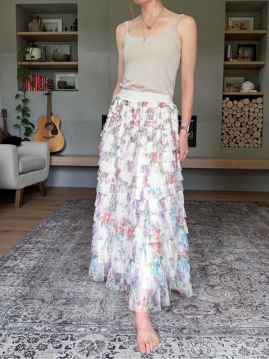 papillon Dresses & Skirts - Papillon White Floral Tiered Maxi Skirt with Pastel Bouquet